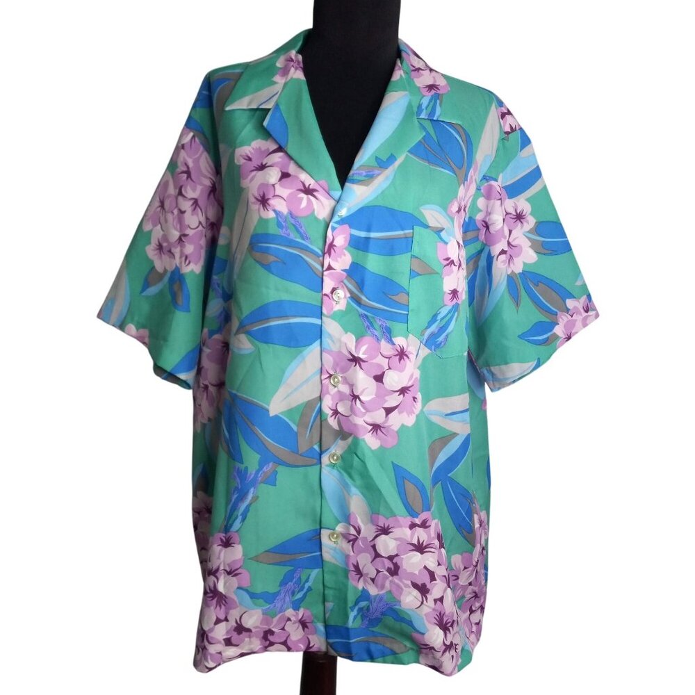 Hilo Hattie Size XL Hawaiian Shirt Mens Floral Print Polyester Purple Blue Green